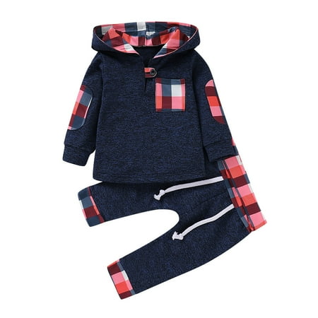 

Boys Holiday Outfits 3-6 Month Boy Clothes Toddler Baby Boy Clothes Plaid Long Sleeve Hoodie Tops Sweatsuit Pants Outfit Set Blue 6-12 Months