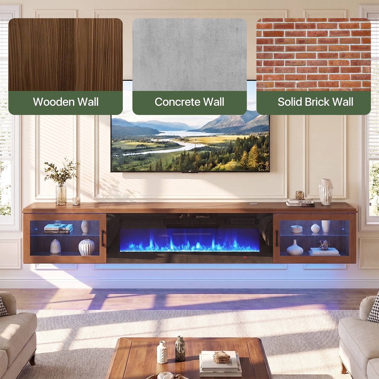 BaPiPro Floating TV Stand with fireplace for TV's up to 80", 70" Wall Mounted Floating Entertainment Center with LED Lights, Modern Fireplace TV Console for Living Room, Brown