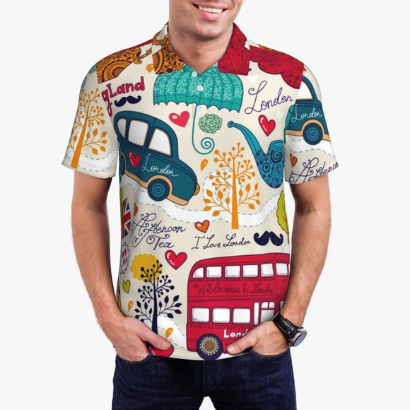 Vsdgher London Symbols Print Polo Shirts for Men, Men's Short Sleeve Stretch Polo Shirt, Shirts for Men-Medium