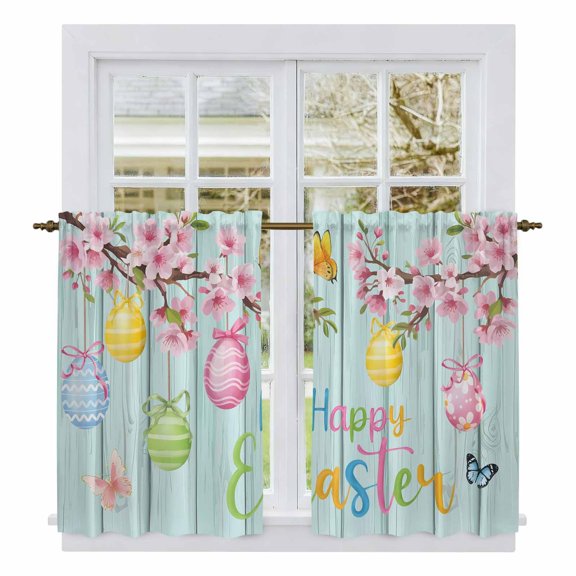 Happy Easter Kitchen Curtain for Berdoom Living Room Cafe 54 Inch Length, Spring Colorful Eggs Butterfly Teal Wood Grain Tiers Curtains Light Filtering Drapes Window Treatment 2 Panels 52"Wx54"L