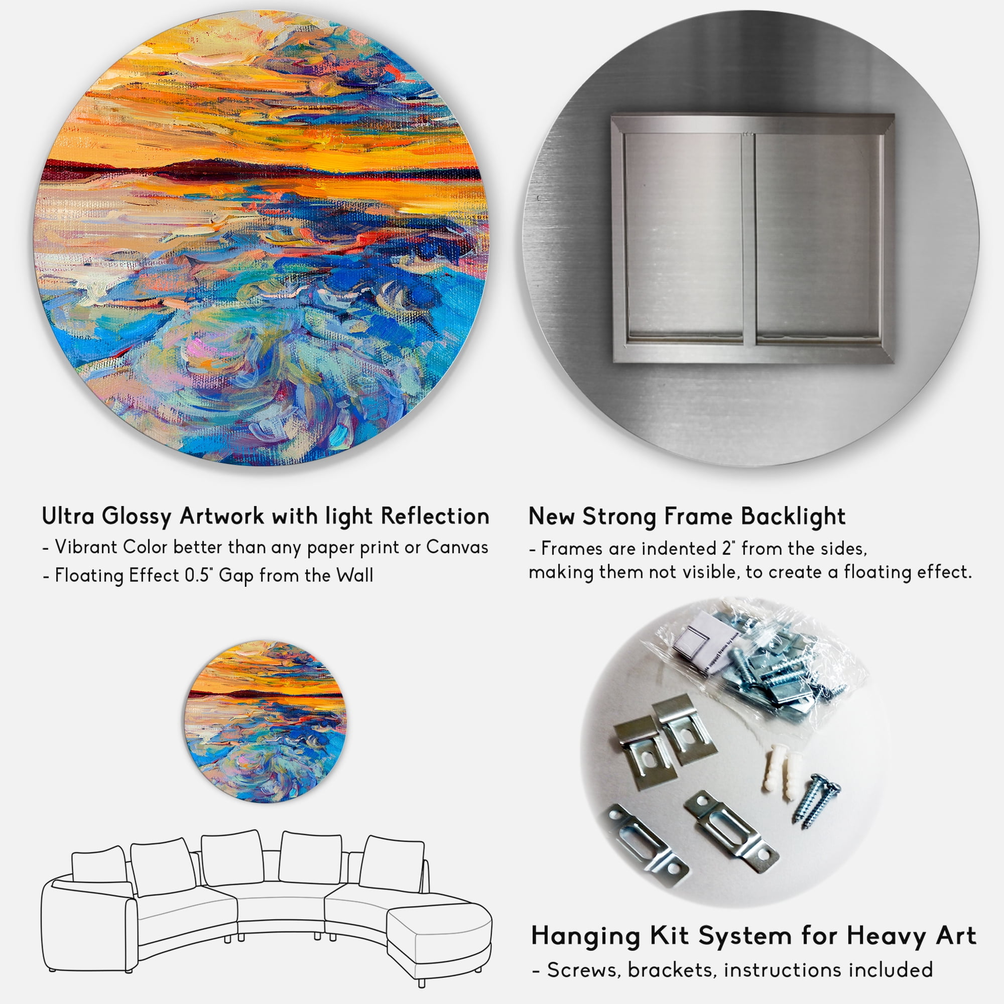 Designart 'Whirly Blue Waves Under Orange Sunset' Nautical & Coastal Circle Metal Wall Art 29x29 - Disc of 29