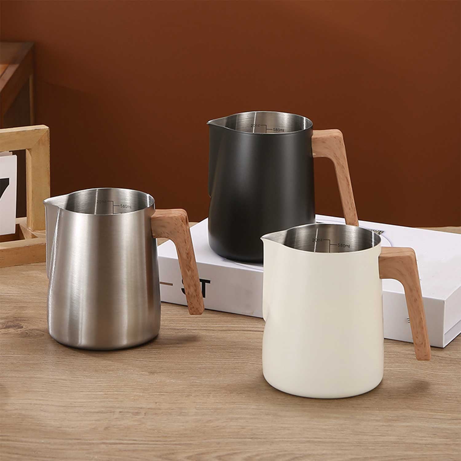 304 Stainless Steel Milk Frothing Pitcher - Wood Grain Handle with Scale Markings