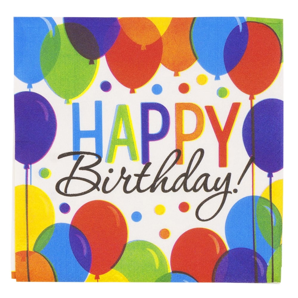 JAM Paper Birthday Party Beverage Napkins - 5 x 5 - Balloon Bash Design - 125 Napkins/Pack
