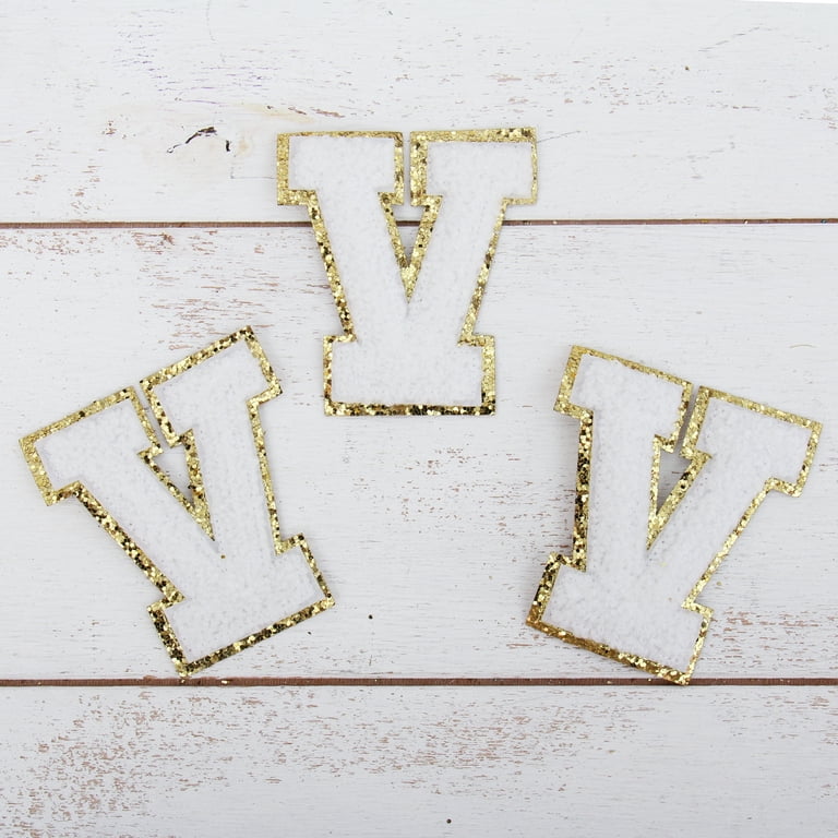 26 Letter Set Chenille Iron On Glitter Varsity Letter Patches - Yellow  Chenille Fabric With Gold Glitter Trim - Sew or Iron on - 8 cm Tall 