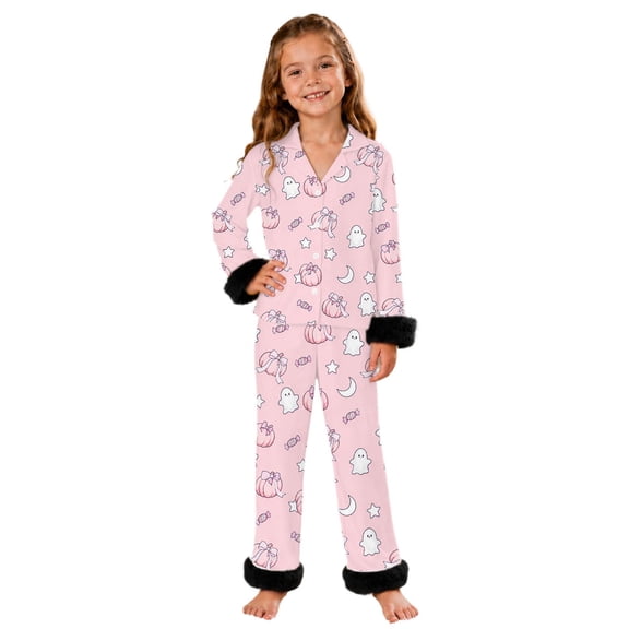 JAJAHO Girls Halloween Pajamas Fuzzy Trim Long Sleeve Sleepwear Button Down 2 Piece Pjs Set For Kids 3-14Y
