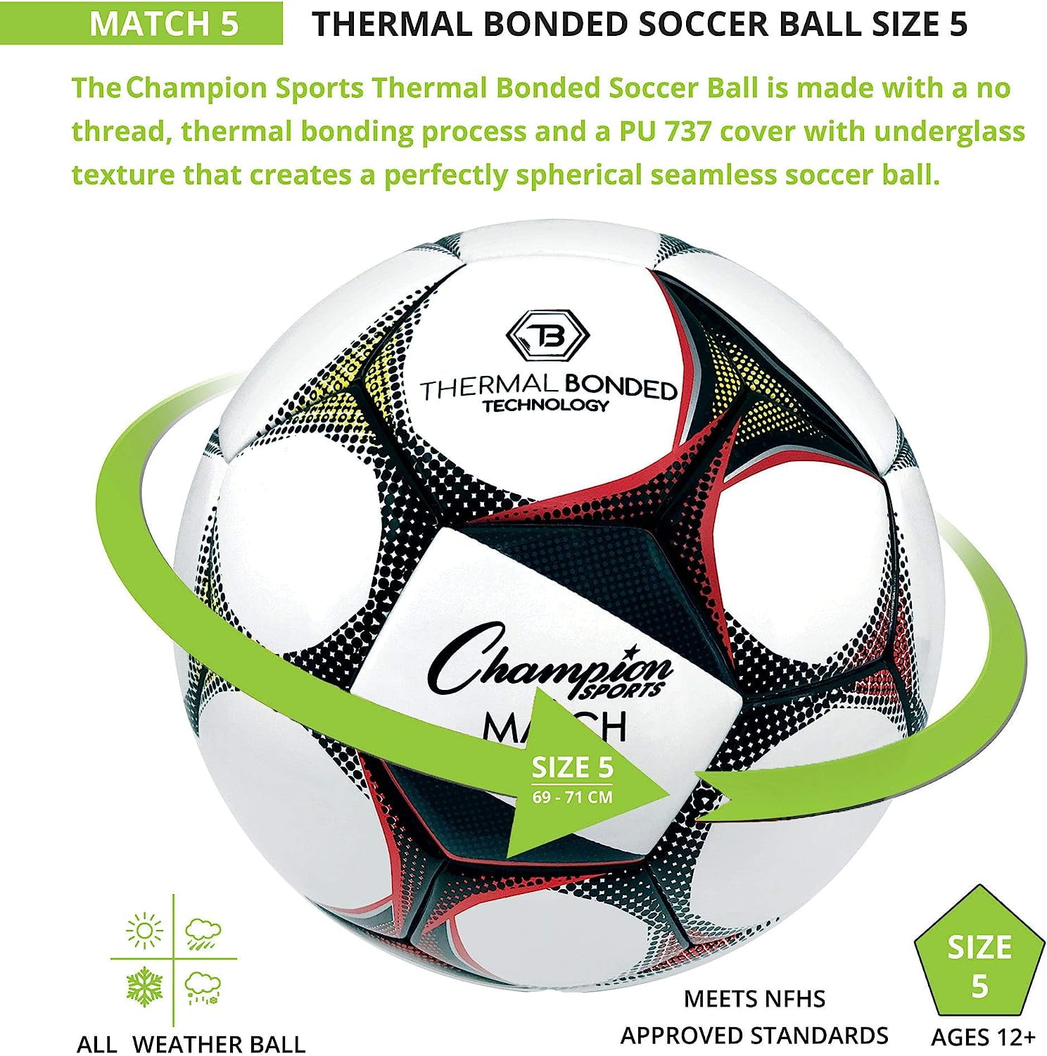 Champion Sports Thermal Bonded "No Stitch" Soccer Ball, Size 5
