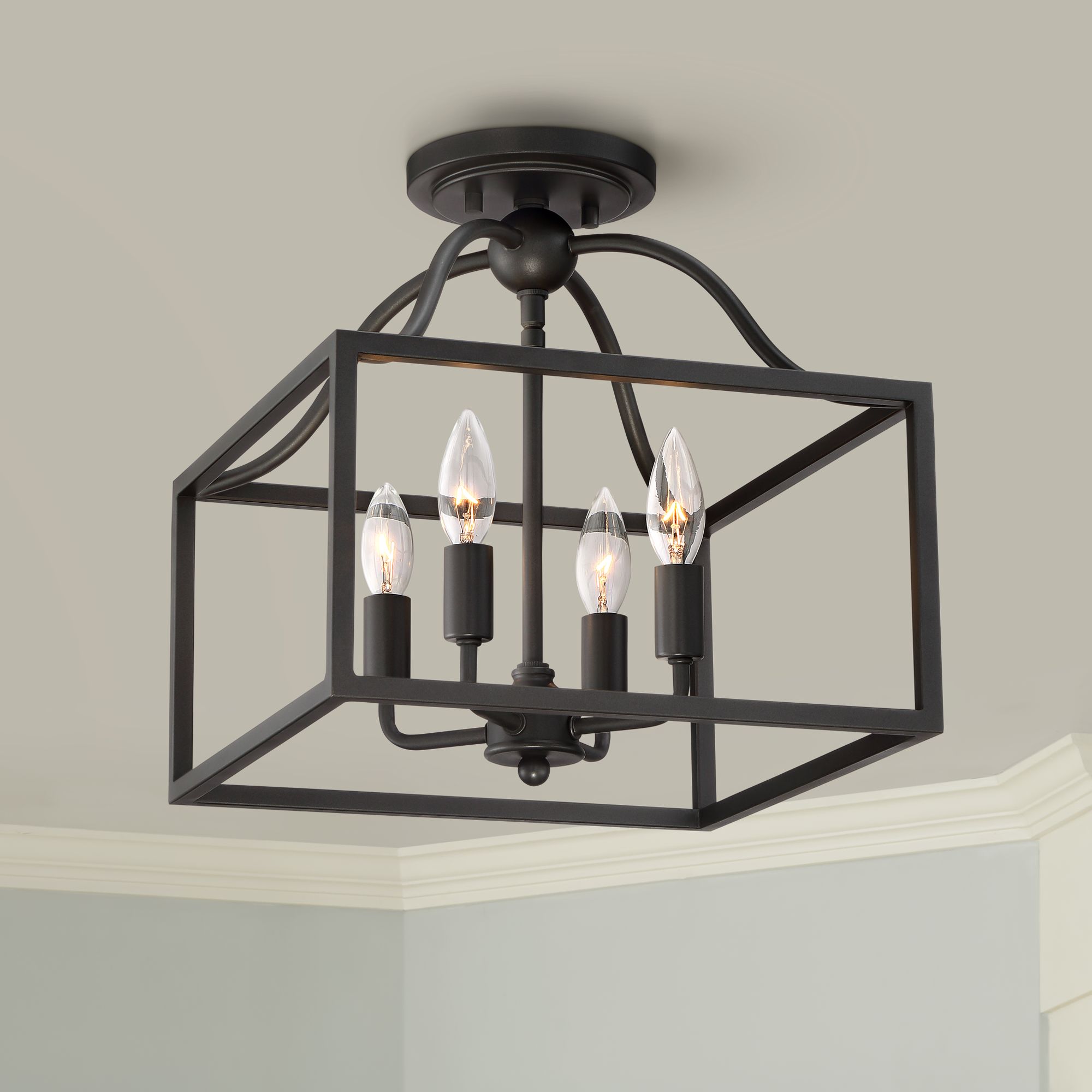 Franklin Iron Works Rustic Ceiling Light Semi Flush Mount Fixture Black 13 Wide 4 Light Open Square Cage Bedroom Kitchen Hallway Walmart Com