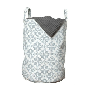 Floral Laundry Bag, Simplistic Retro Interconnected Flowers on Plain Backdrop Pattern, Hamper Basket with Handles Drawstring Closure for Laundromats, 13" x 19", White Pale Purpleblue, by Ambesonne
