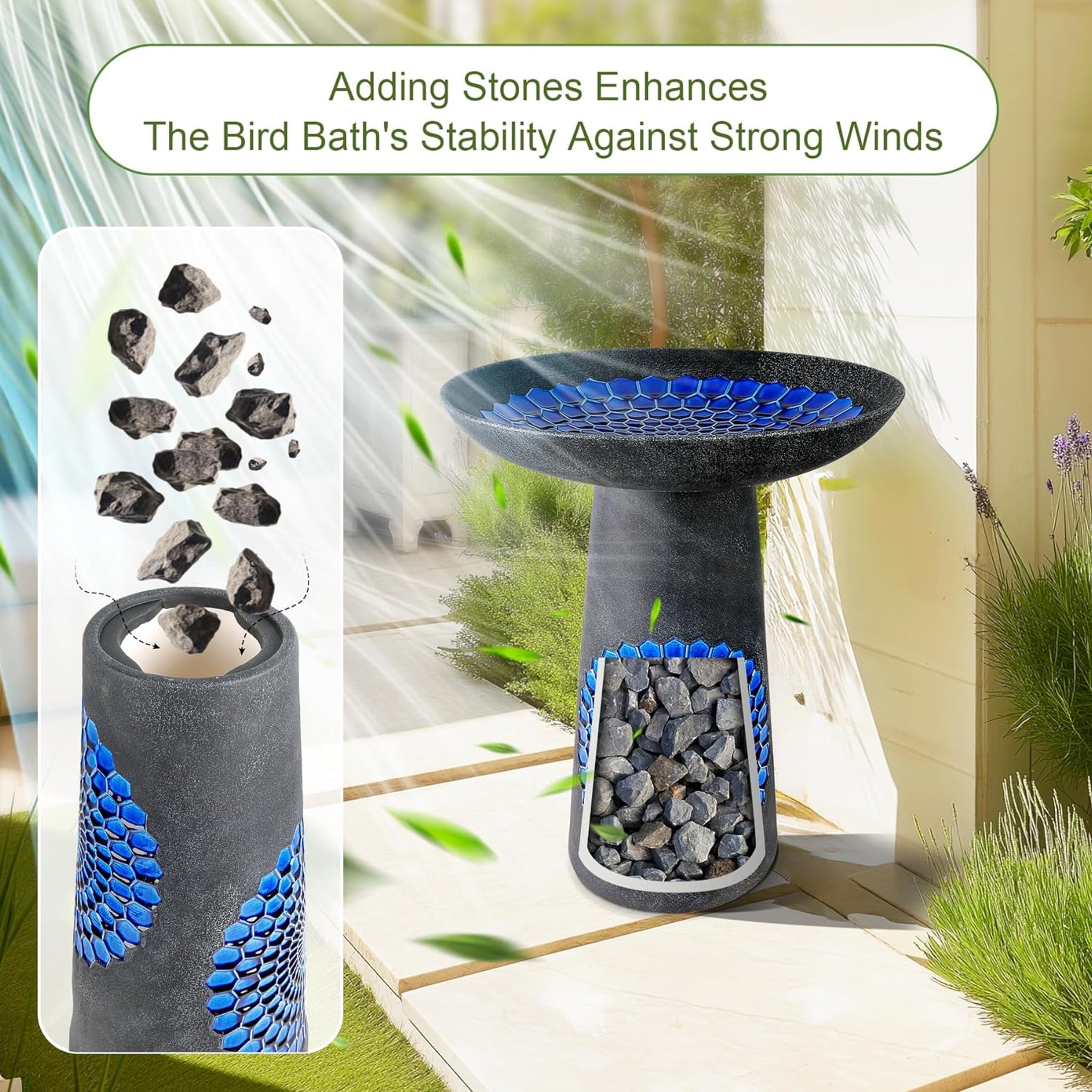 BUYMAX Tall Ceramic Bird Bath for Garden, UV-Resistant, Diamond Blue Grey