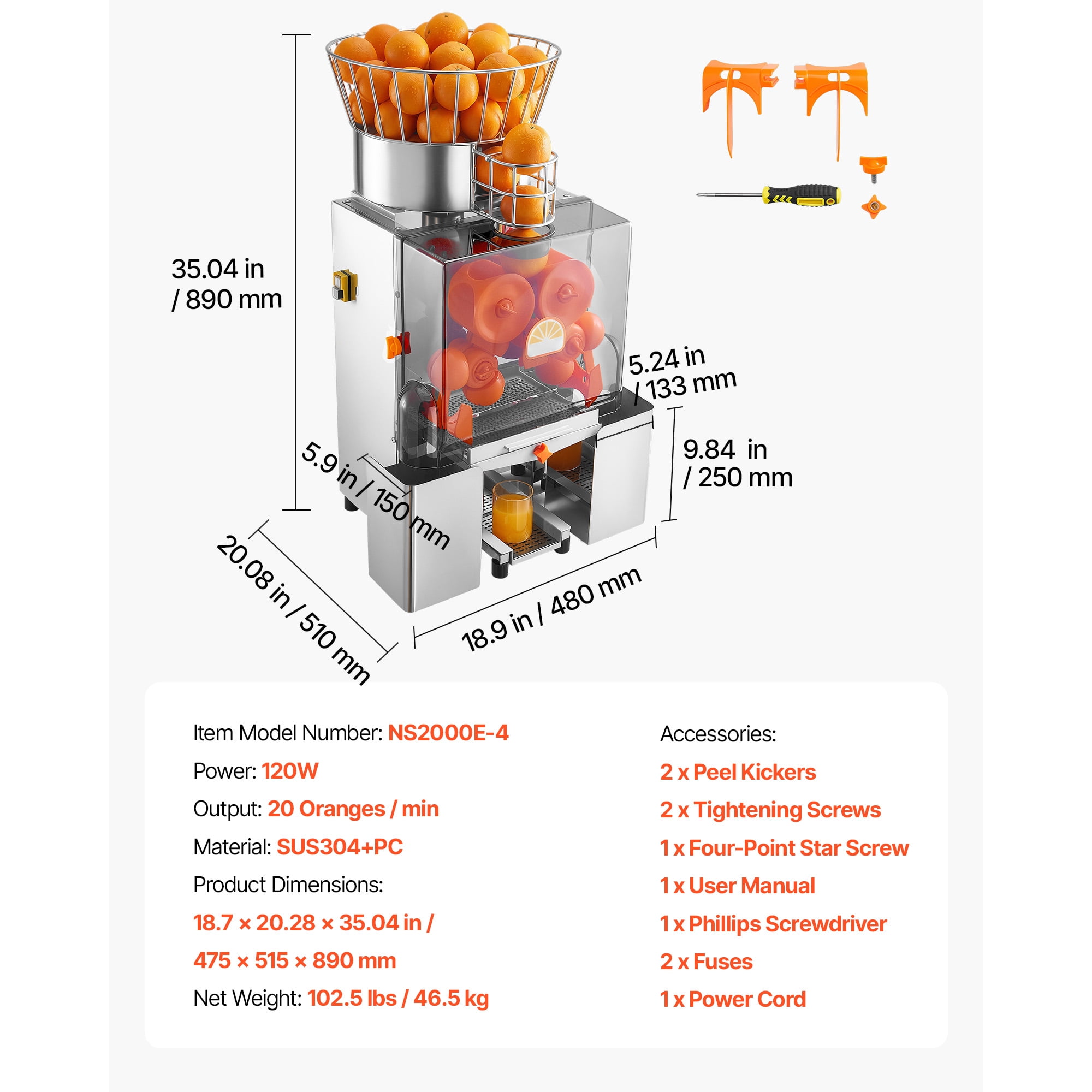 KFFKFF Commercial Orange Juicer Machine, 120W Electric Automatic Citrus Squeezer, Efficient Juice Extractor for 20 Fruits Per Minute, Stainless Steel Design with Peel Collection and Protective Cover
