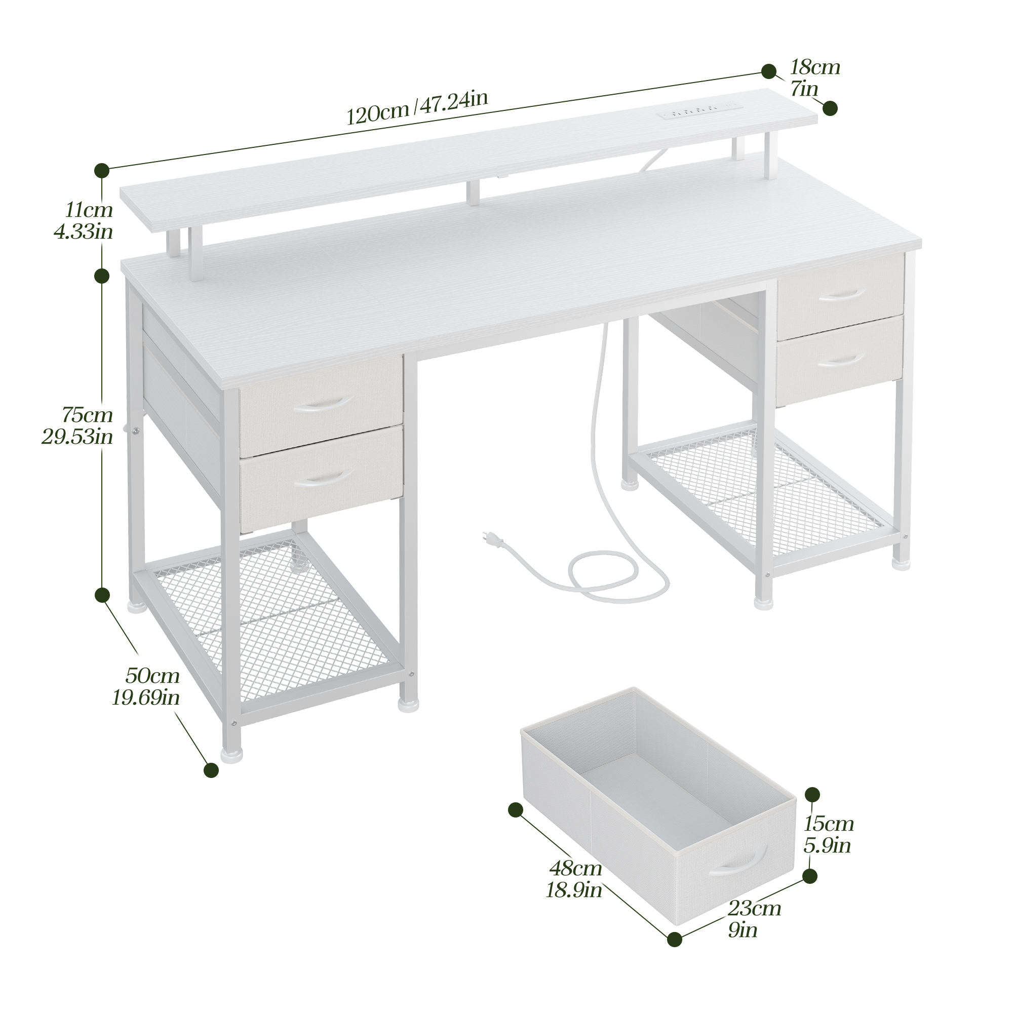 EnHomee Office Desk with 4 Fabric Drawers Gaming Desk with storage Computer Desk for Bedroom, White