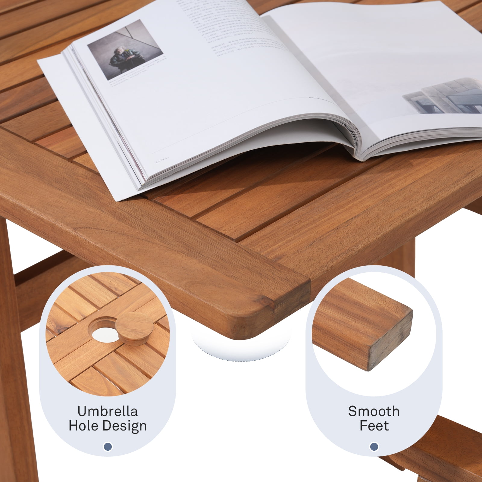 Expandable Wooden Outdoor Dining Set of 7, with Textilene Fabric Chairs, 4-8 Seater Patio Furniture, Adjustable Feet, Wood Table with Umbrella Hole, Ideal for Garden/Backyard/Deck, Black Chair