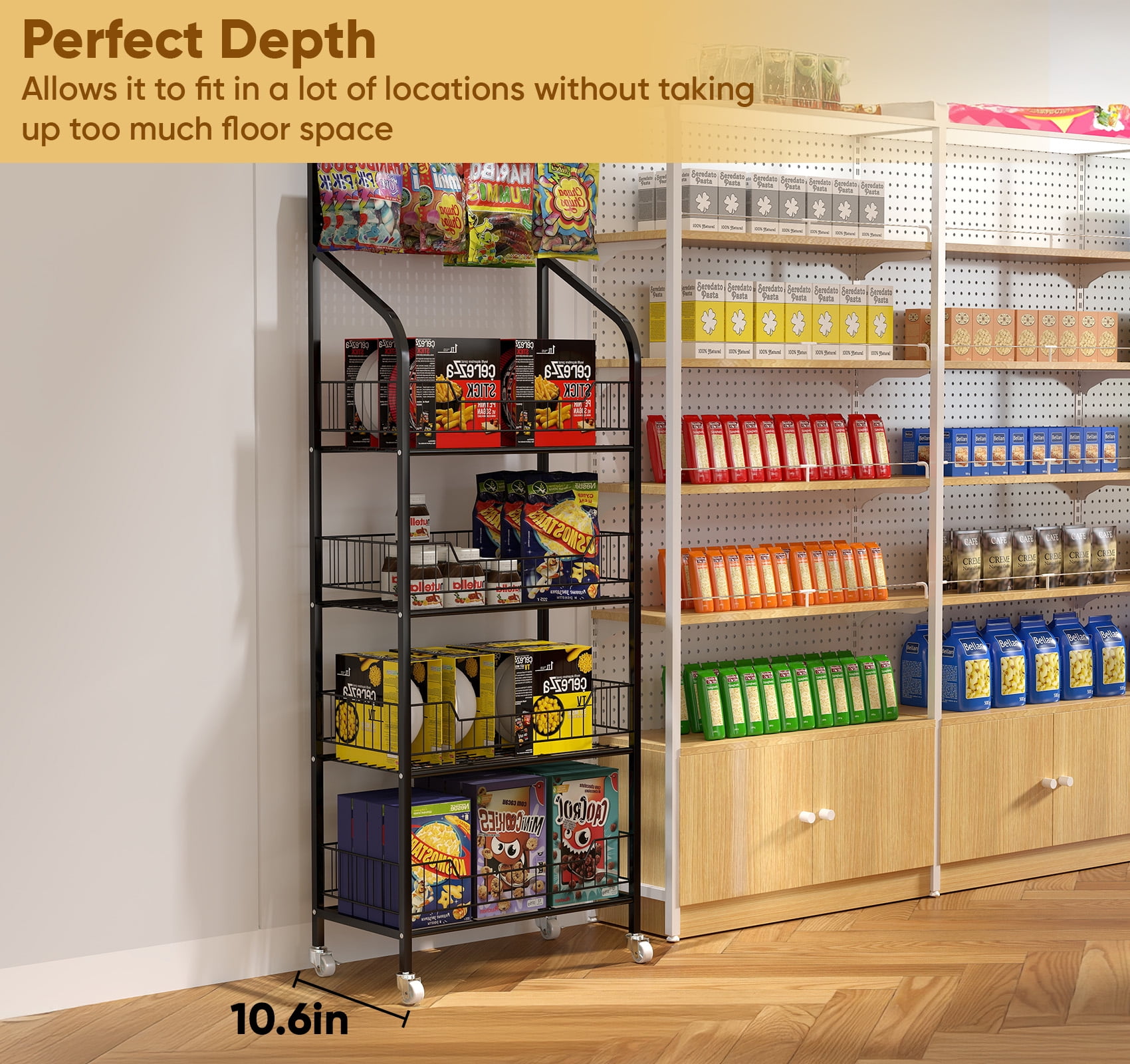 Petoto 4-Tier Retail Display Rack, 19.6 x 10.6 x 56.2 inches Snack Candy Rack, Metal Fruit Stand Storage Shelf with Wheels and 10 Hooks