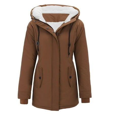 MIASHUI Women s Regular Fit Hooded Long Sleeve Jacket Zip Up Parka with Security Pockets Thickened Cotton Coat Coffee L