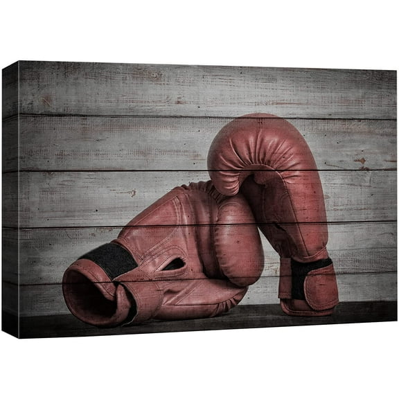 wall26 Canvas Print Wall Art Wood Panel Effect Close Up Vintage Retro Red Boxing Gloves Sports Fitness Photography Realism Decorative Scenic Multicolor for Living Room, Bedroom, Office - 24"x36&