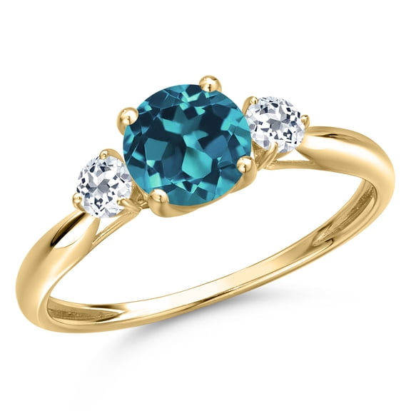 Gem Stone King 10K Yellow Gold London Blue Topaz and White Topaz 3-Stone Ring for Women | 1.38 Cttw | Round 6MM | Gemstone November Birthstone | Size 9