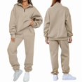 thumbnail image 3 of Conjuntos de Dos Piezas para Mujer: Jersey de Larga con Media Cremallera y Pantalón Deportivo Holgado con Bolsillos. Caqui XL, 3 of 8