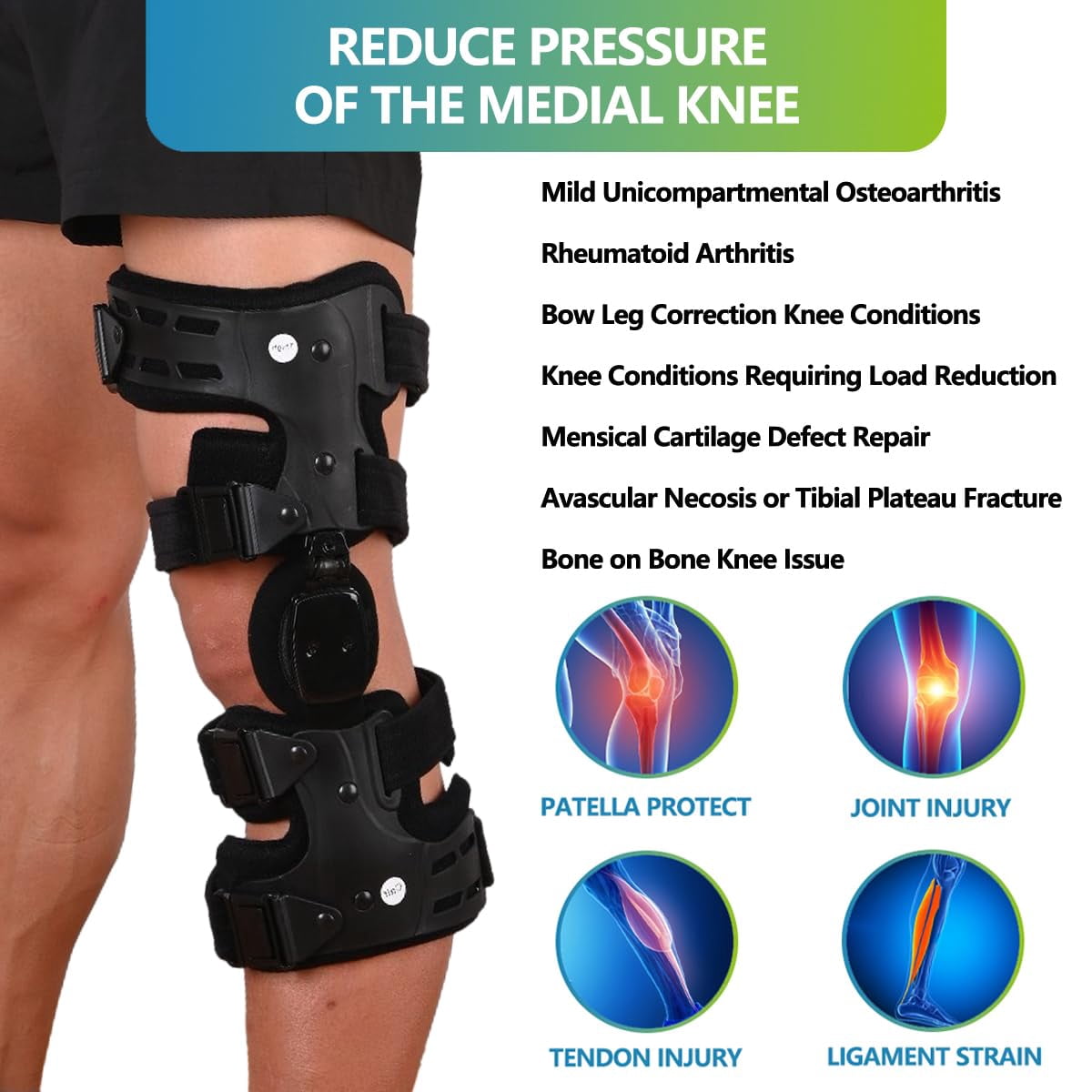 Insunen OA Unloader Knee Brace, Osteoarthritis of the bone on bone Knee Support, Rheumatoid Arthritis, Knee Joint Pain and Degeneration (Black, Right)