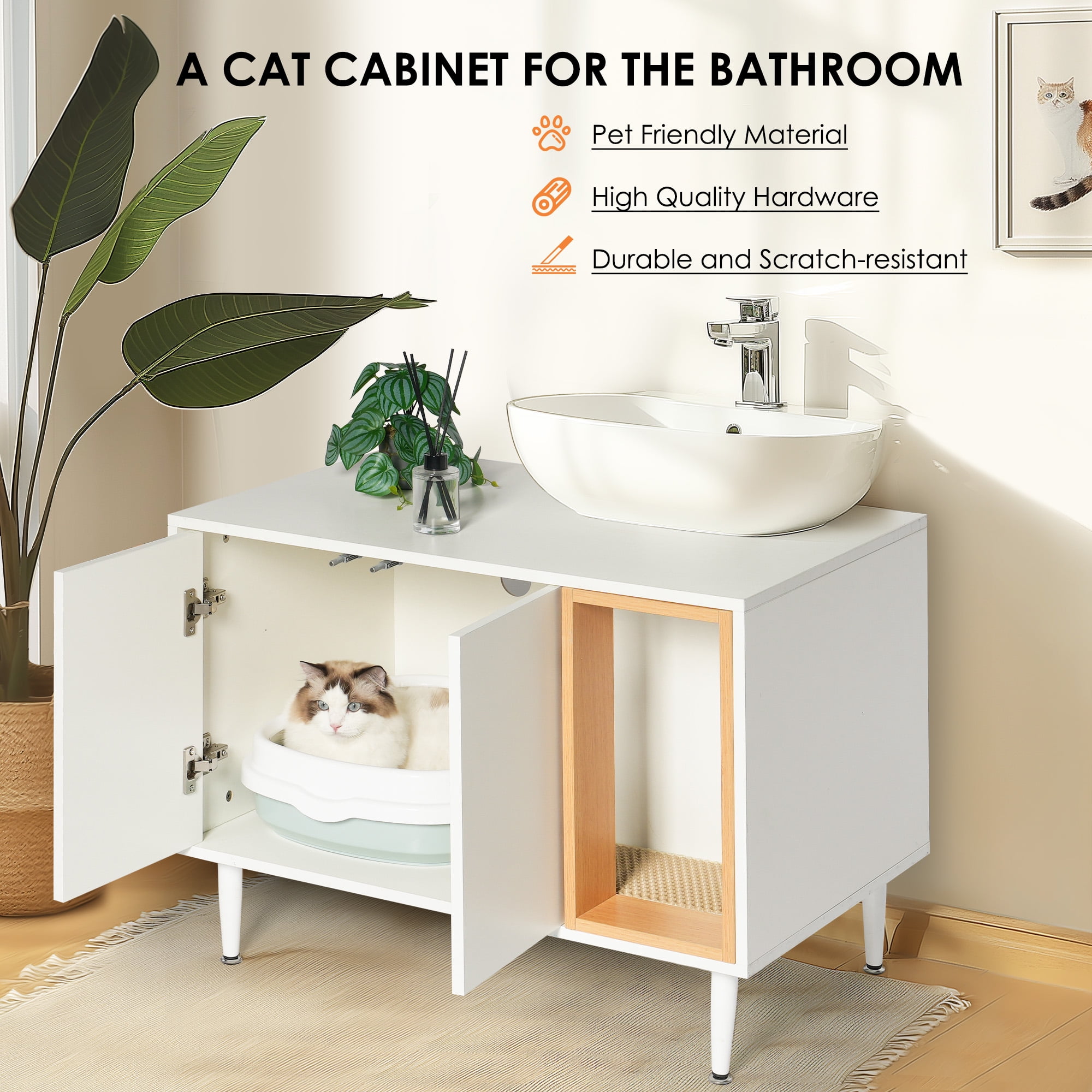 Kadyn 32" Wooden Cat Litter Box Enclosure Furniture with Divider, Large Hidden Litter Box for Bathroom Sink Cabinet, Cat House Washroom, White