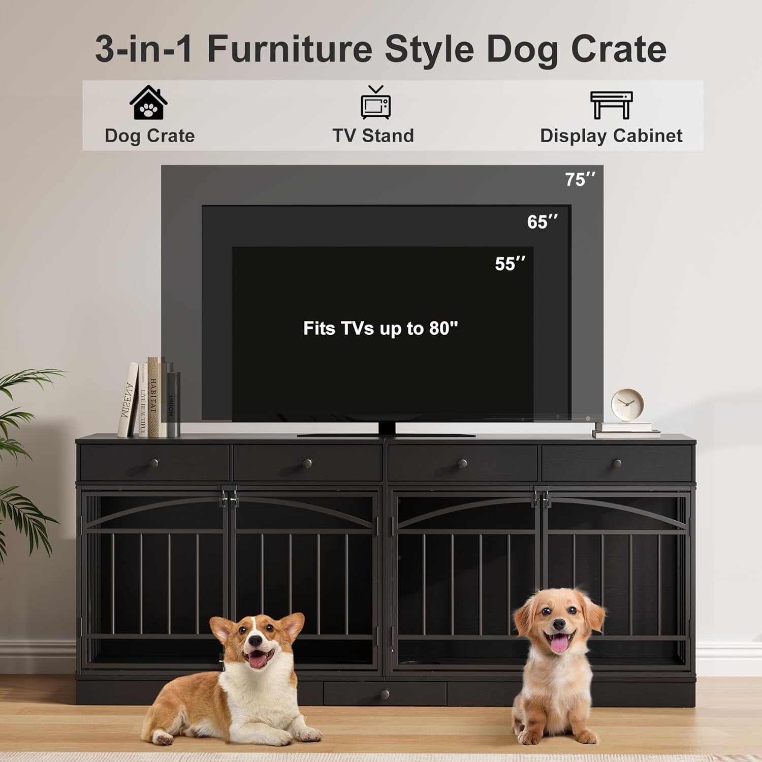 IdealHouse Double Dog Crate Furniture for 2 Dogs, Indoor Pet Kennel TV Stand with 4 Storage Drawers & Feeding Bowls, for Small/Medium Dogs, Black