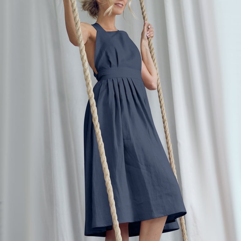 Ayolanni Casual Dresses for Women Halter Navy Cotton Linen Sleeveless Solid Midi Dresses Junior Dresses 2x - Walmart.com Ayolanni Casual Dresses for Women Halter Navy Cotton Linen Sleeveless Solid Midi Dresses Junior Dresses 2x - Walmart.com