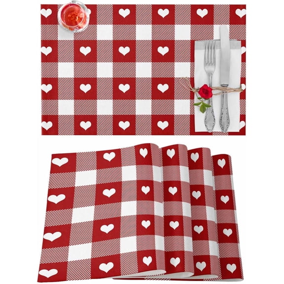 Valentines Placemats Red Buffalo Plaid Valentines Day Place Mats for Dining Room White Love Heart Washable Table Mats for Kitchen Dining Decorations Set of 6