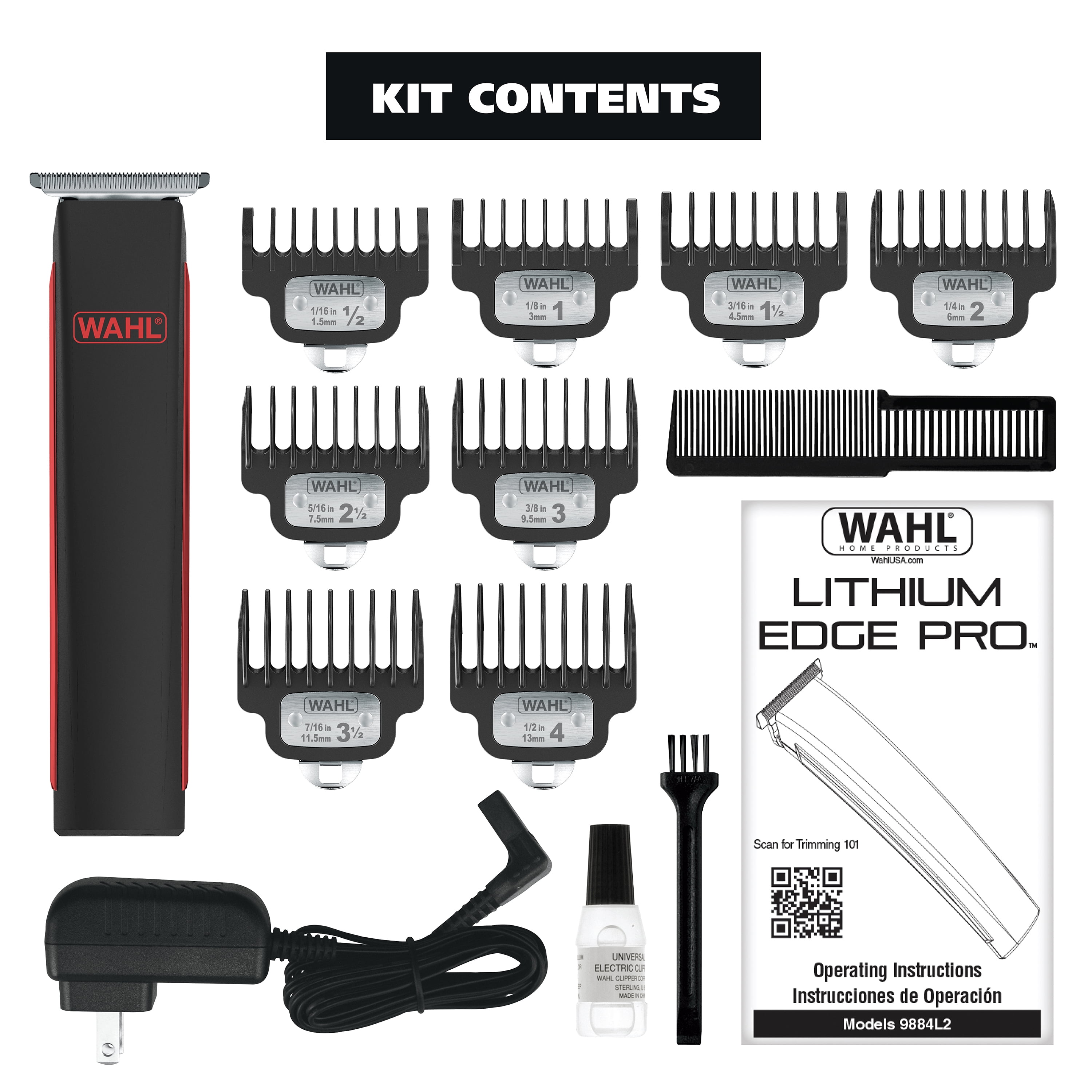 Wahl Edge Pro Lithium-Ion Rechargeable Battery Beard Trimmer with T-Blade, 17Pc for Men, Black, 9895