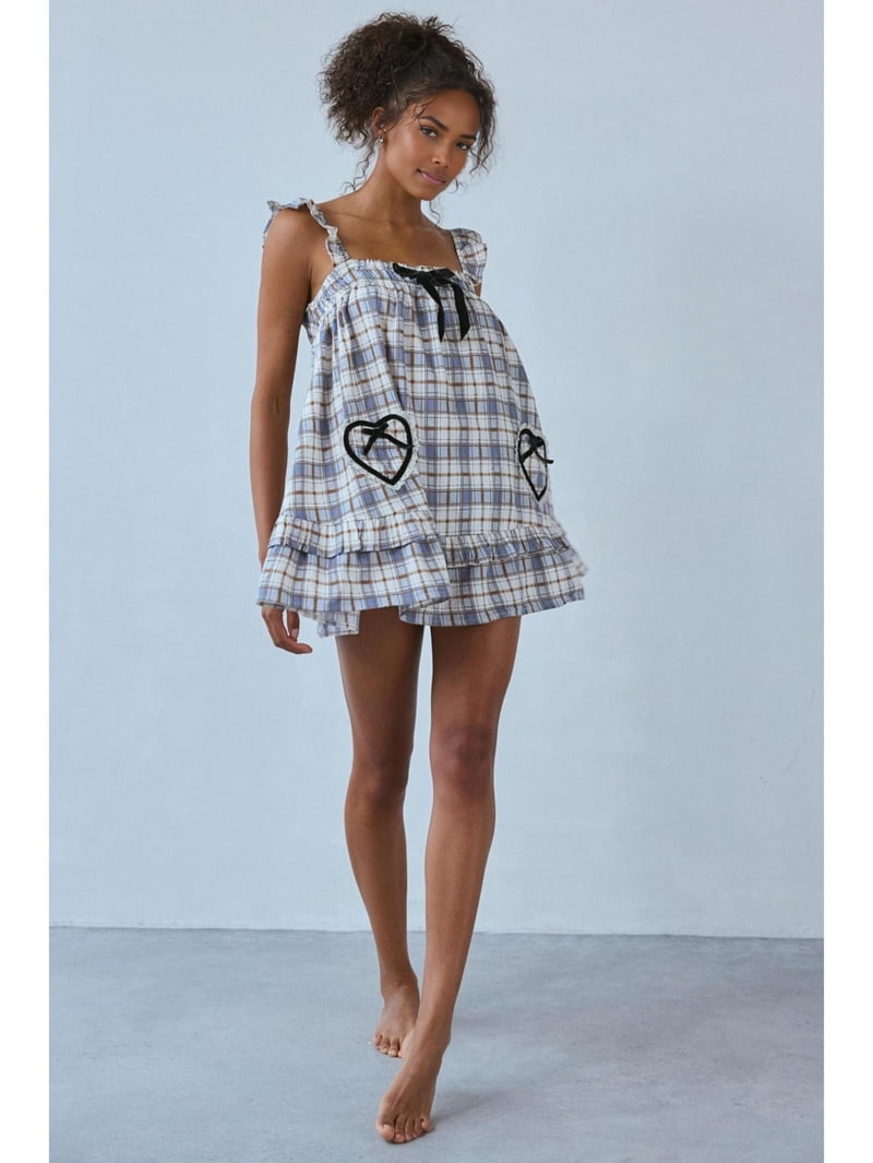 Women Cute Floral Printed Mini Dress Sleeveless Front Loose Ruffled Short Dress Summer Gingham Babydoll Blue S