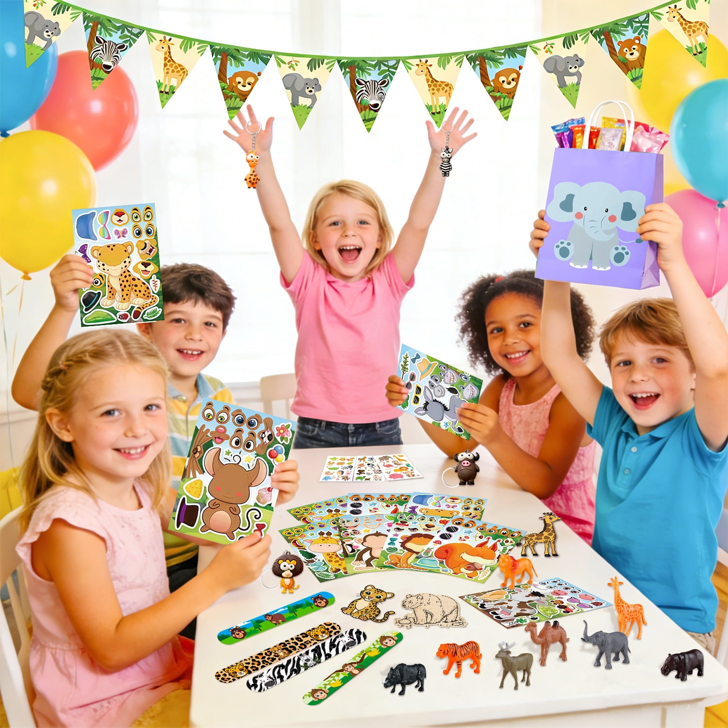 108Pcs Animals Party Favors,  Animals Birthday Favors Set- Animals Goodie Bags Key Chains Stickers Diy Wooden Ornaments etc Animals Party Supplies for Animals Birthday Decorations