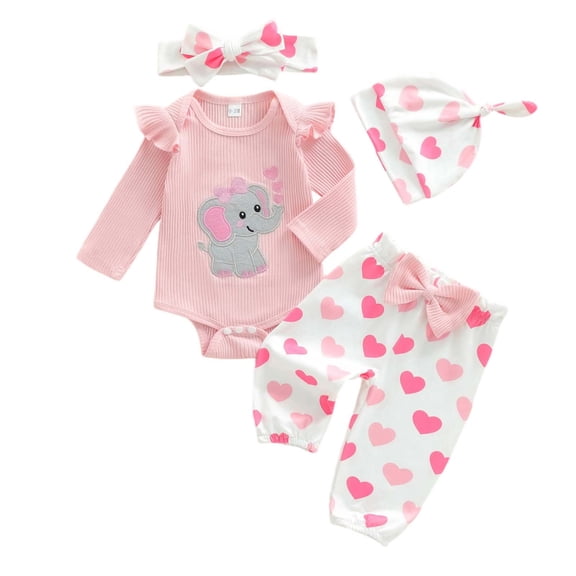 Likimi Infant Girl Valentines Day Outfit Set Long Sleeve Cartoon Print Crew Neck Romper Bodysuit Pant Hat Headband Four Piece Set Pink Size 0-3 Months