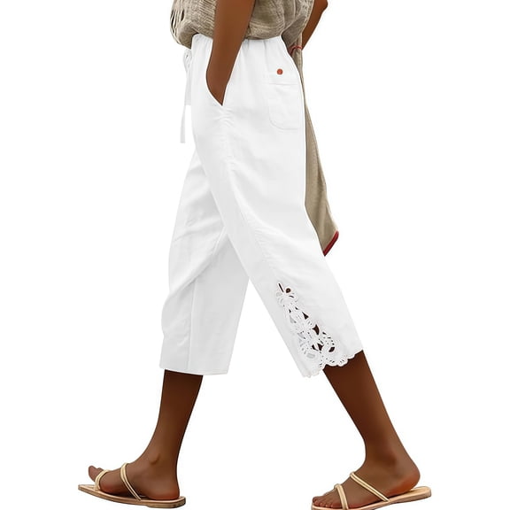 Womens High Waisted Drawstring Cotton Capri Pants with Pockets Lace Trim Casual Boho Summer Crop White,Size XL