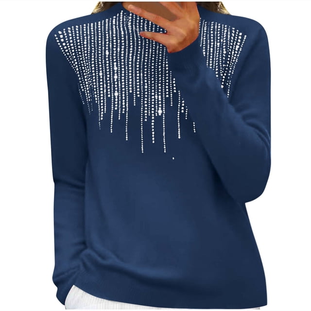 WRKEKC Chandails pour Femmes Couleur Unie avec Strass Manches Longues Col Rond Tricot Automne Hiver Tenues Tendance