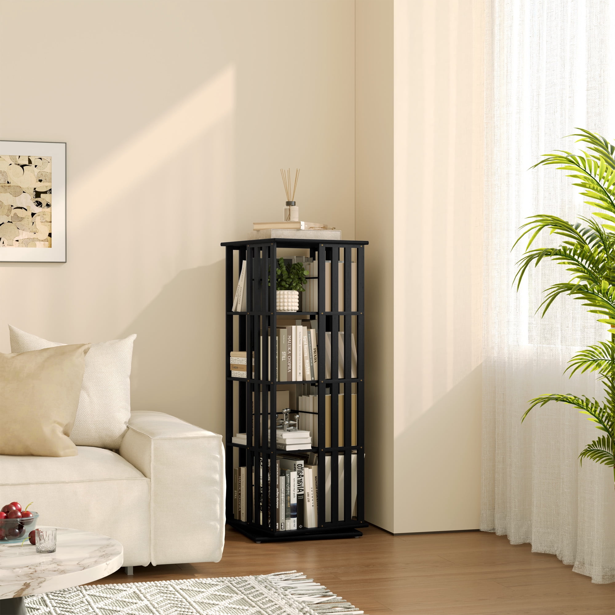 Yowos Bookcase, 4 Tier Rotating Bamboo Bookshelf 360° Spinning, Black