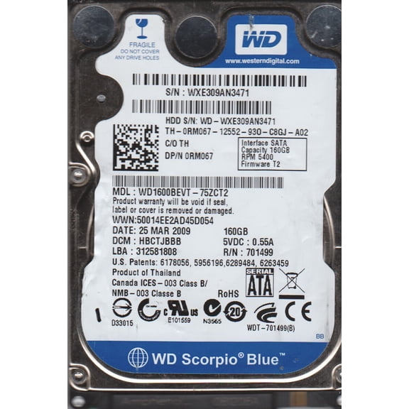 WD1600BEVT-75ZCT2, DCM HBCTJBBB, Western Digital 160GB SATA 2.5 Hard Drive