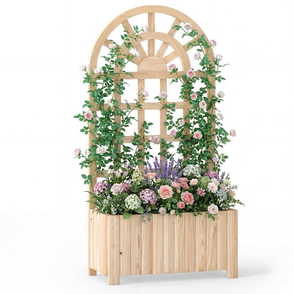 Costway 48” Wooden Raised Garden Bed with Trellis, Drainage Holes for Flowers Vegetables Natural