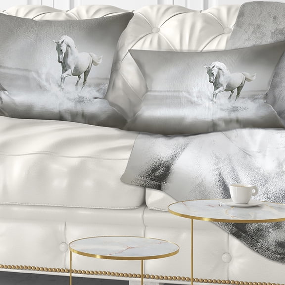 Designart White Horse Running in Water - Animal Throw Pillow - 12x20