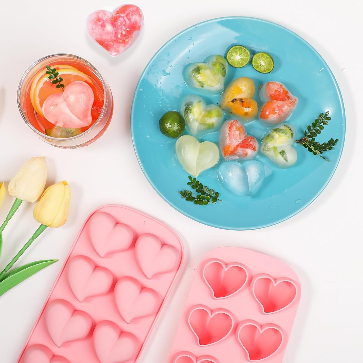 4-Pack Silicone Ice Cube Trays Set – Sphere (1.1"), Heart (10 & 8 Cavity), Star with Lid – BPA-Free, Easy Release – For Cocktails, Whiskey & Chocolate – Green/Pink/Red/Multicolor