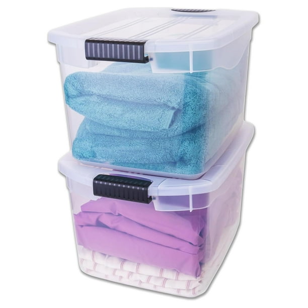 Caja de Almacenamiento Apilable, Pack de 2, para Organizador Armario, Juguetes, Ropa, con Broche y Tapa Duradera, 29 Litros de Capacidad, Plástico Libre de , Transparente