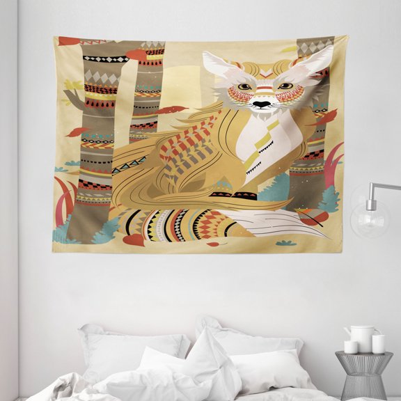 Fox Tapestry, Animal Theme A Fluffy Fox in the Forest and Tree Trunks Decorative Design Pattern, Wall Hanging for Bedroom Living Room Dorm Decor, 80W X 60L Inches, Light Coffee, by Ambesonne