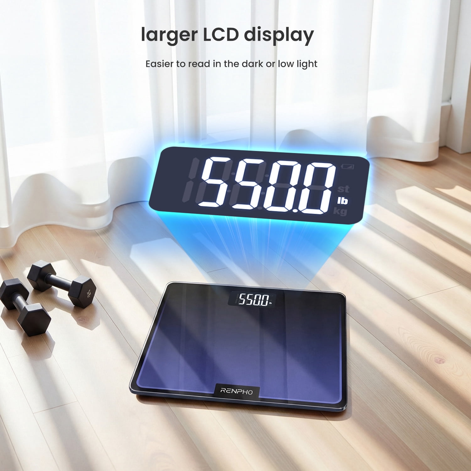 RENPHO 550lb Scale for Body Weight, Digital Bathroom Scale with Large LED Display, Big Platform Weighing Machine with Extra-High Capacity, Most Accurate to 0.05lb, 13x11.8in, Core 1L