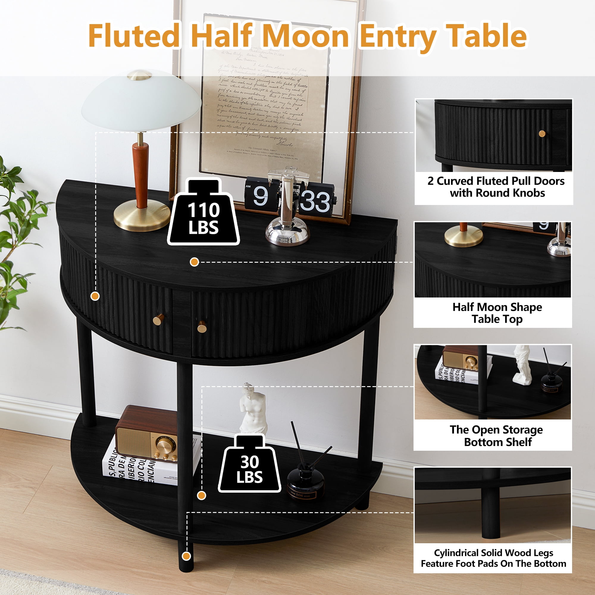 PHOYAL Fluted Half Moon Console Table with Drawers and Storage, Wooden Semi Circle End table with Shelf for Living Room, Half Round Side Table for Entryway Hallway, Black