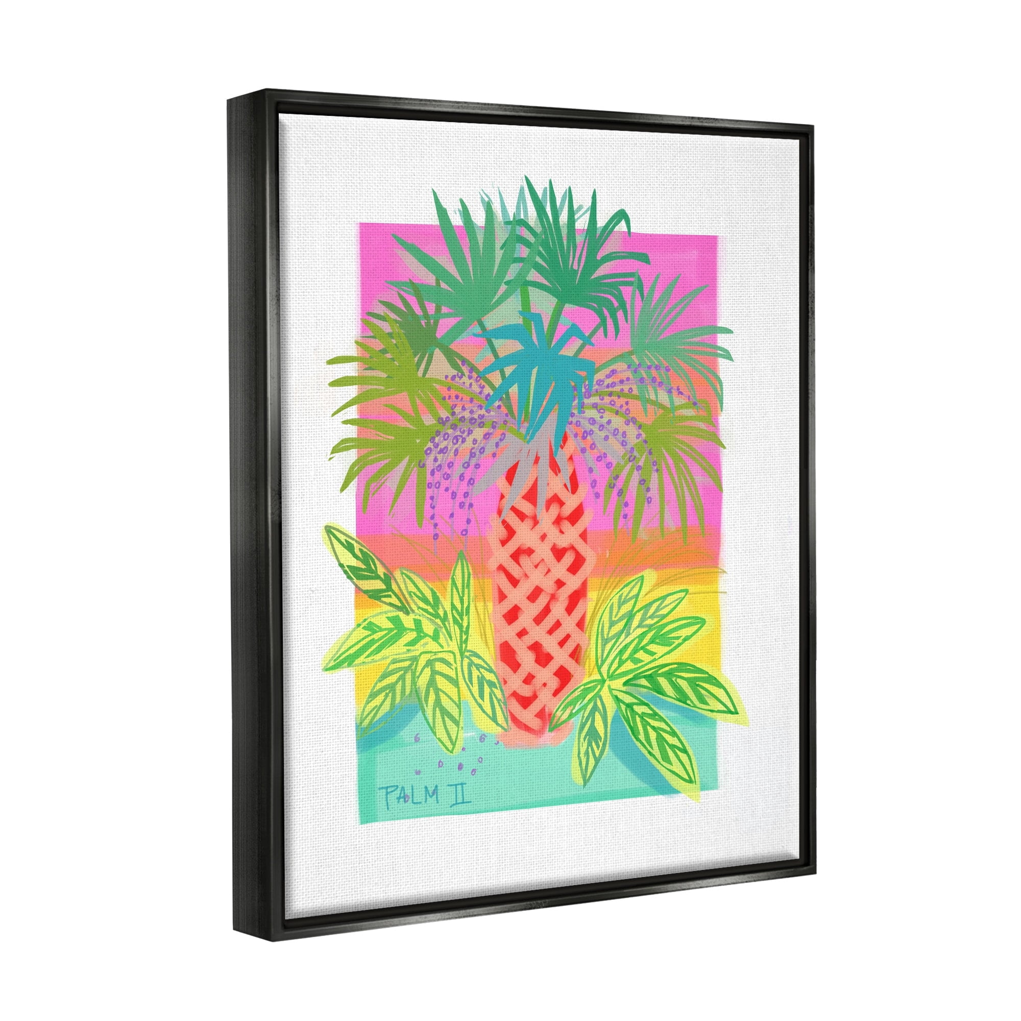 Stupell Industries Neon Palm Tree Botanicals Tropical Coastal Leaves Graphic Art Luster Gray Floating Framed Canvas Print Wall Art, Design by unknown