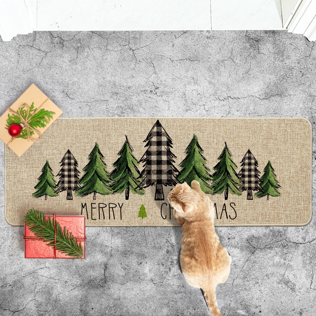 Sm:)e Merry Christmas Trees Christmas Decorative Doormat, Seasonal Winter Christmas Holiday Low-Profile Floor Mat Switch Mat for Indoor Outdoor 17 x 47 Inch