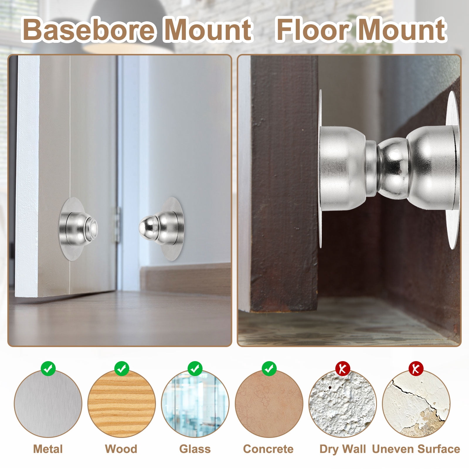 Uxcell 2 Pack 2.1" Magnetic Door Stoppers, Wall Floor Mounted Magnetic Door Catch Holder, Stainless Steel Door Stops for Bedroom,  Bathroom, Kitchen, Office, Brass