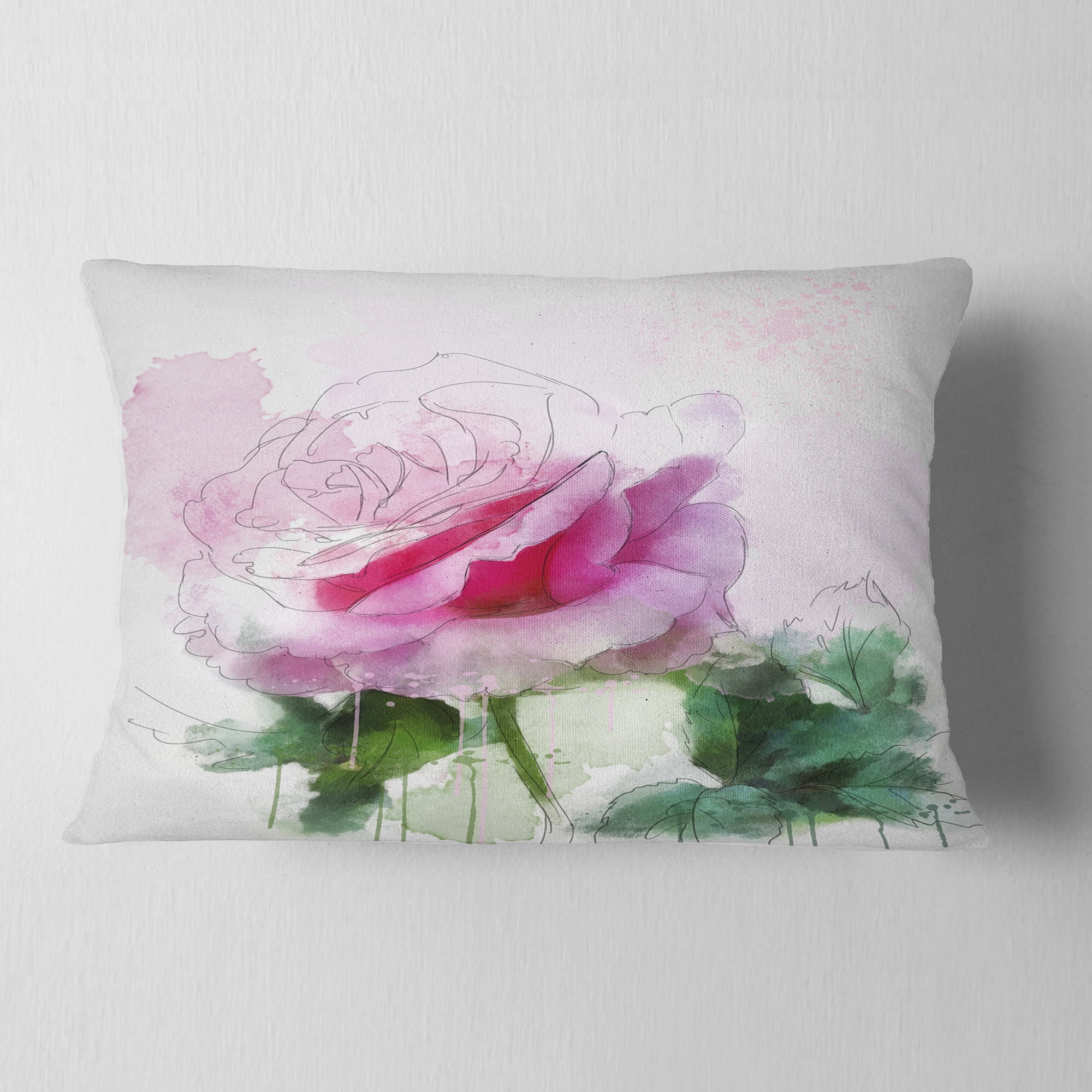 Designart Pink Rose Sketch with Green Leaves - Floral Throw Pillow - 12x20