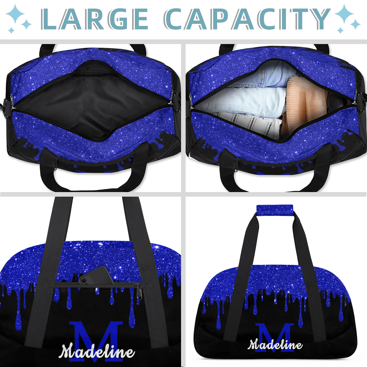 Herdesigns Personalized Sports Duffel Bag with Name Custom Weekender Overnight Bag Gym Bag Travel Dance Gymnastics Duffel Bag, Blue