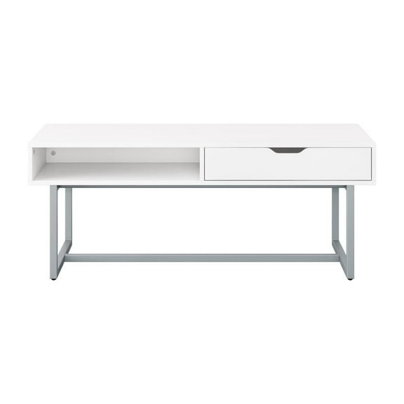 CorLiving Marley Modern Rectangle Engineered Wood and Steel Coffee Table with Cubby and Drawer, White