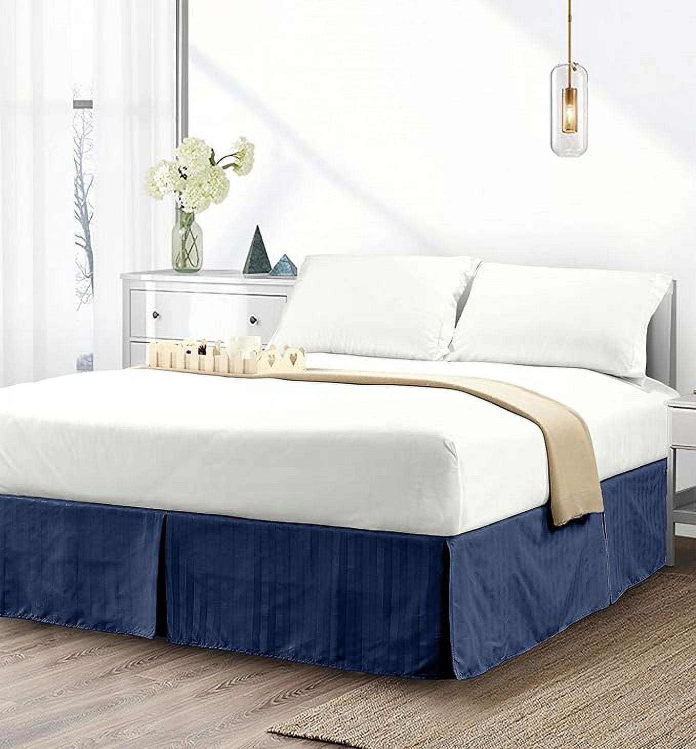 Elegant Comfort 1-Piece Striped Bed Skirt, 1500 Thread Count, Stylish Pleated Design, Easy Care, Wrinkle and Stain Resistant , Cali King, Navy Blue