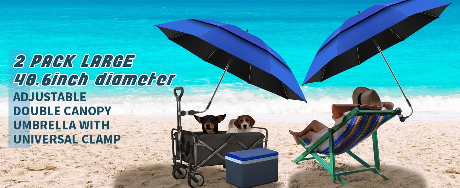 2 Pack 48.6" Double Canopy Umbrella with Clamp, UPF50+ Beach Chair Umbrella with clip, 360°Adjustable Portable Outdoor Wheelchair, Patio, Golf Carts,Camping(Blue, Not Include Chair)