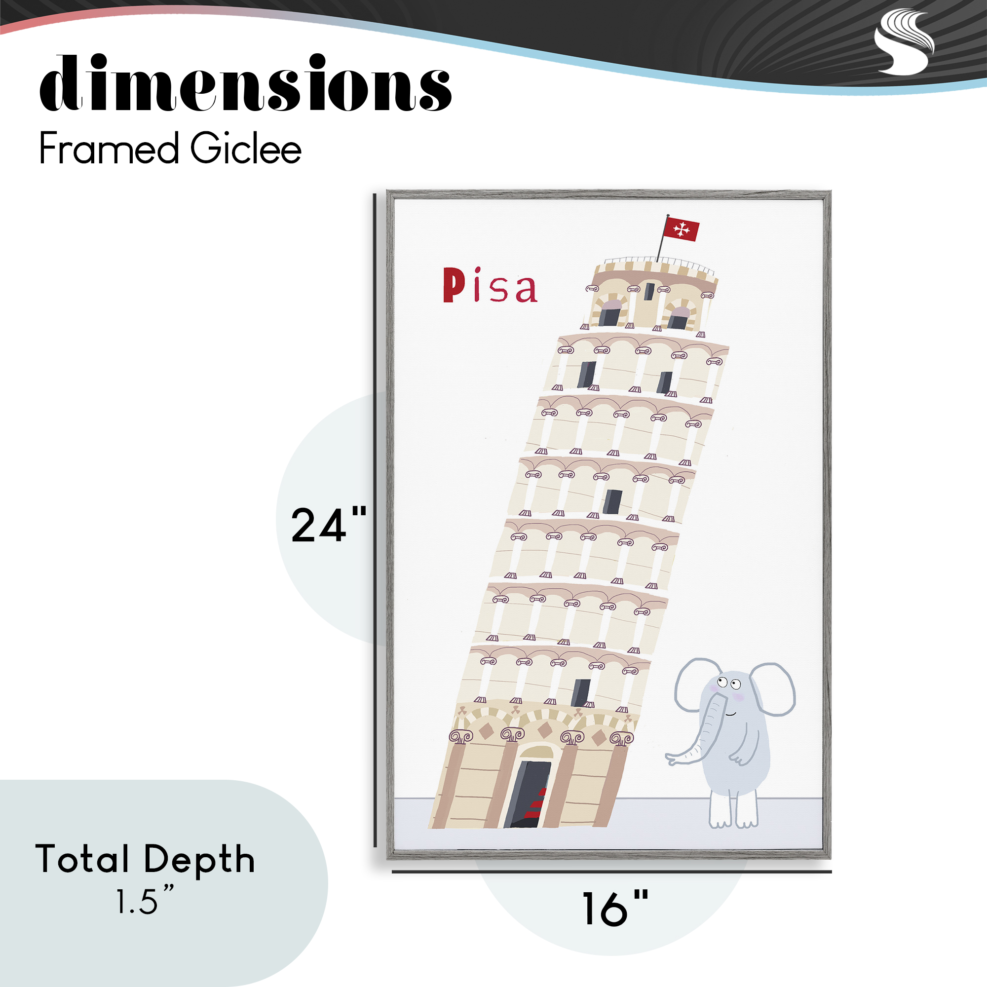Elephant & Leaning Tower Pisa Gray Framed Giclee Art, design by Carla Daly